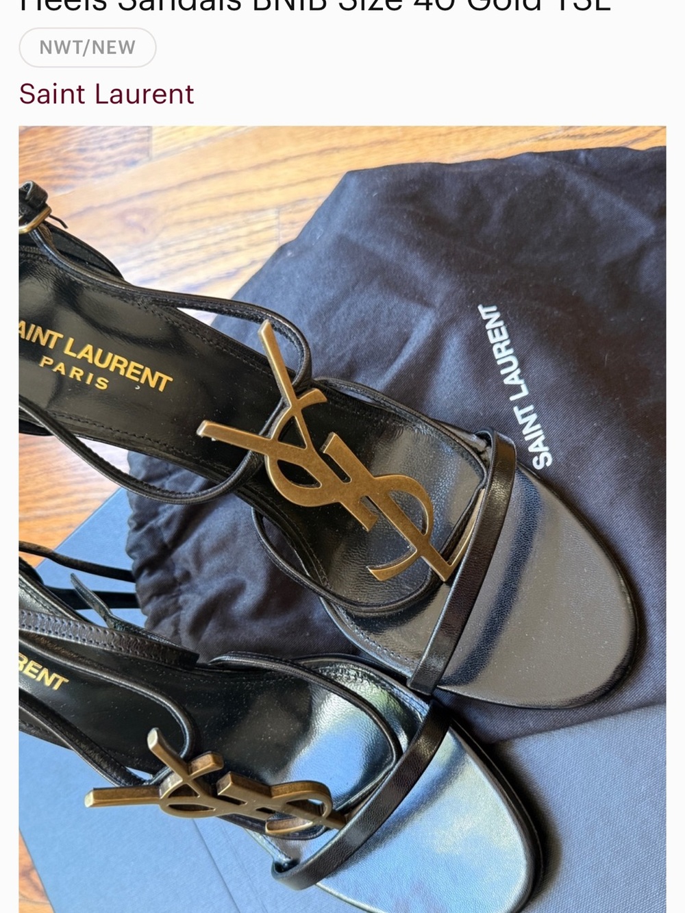 Saint Laurent Black Patent YSL Logo Sandals with Gold Hardware